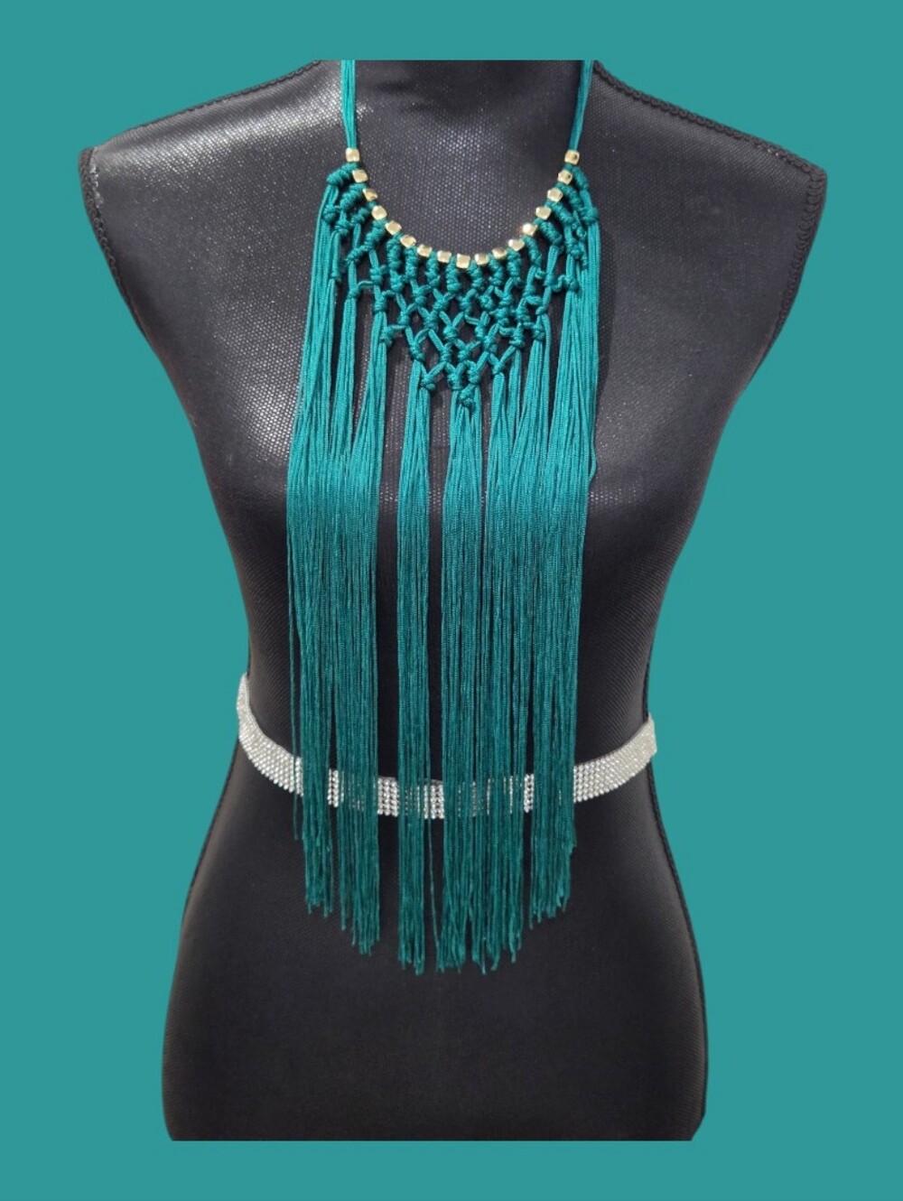 H&M Ladie's Green Teal Macrame Fringe Necklace with Gold Accents